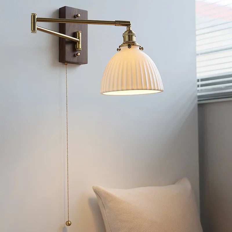 Afralia™ Copper Arm LED Wall Sconce Switch Light, Adjustable Lampshade, Pull Chain, Beside Lamp