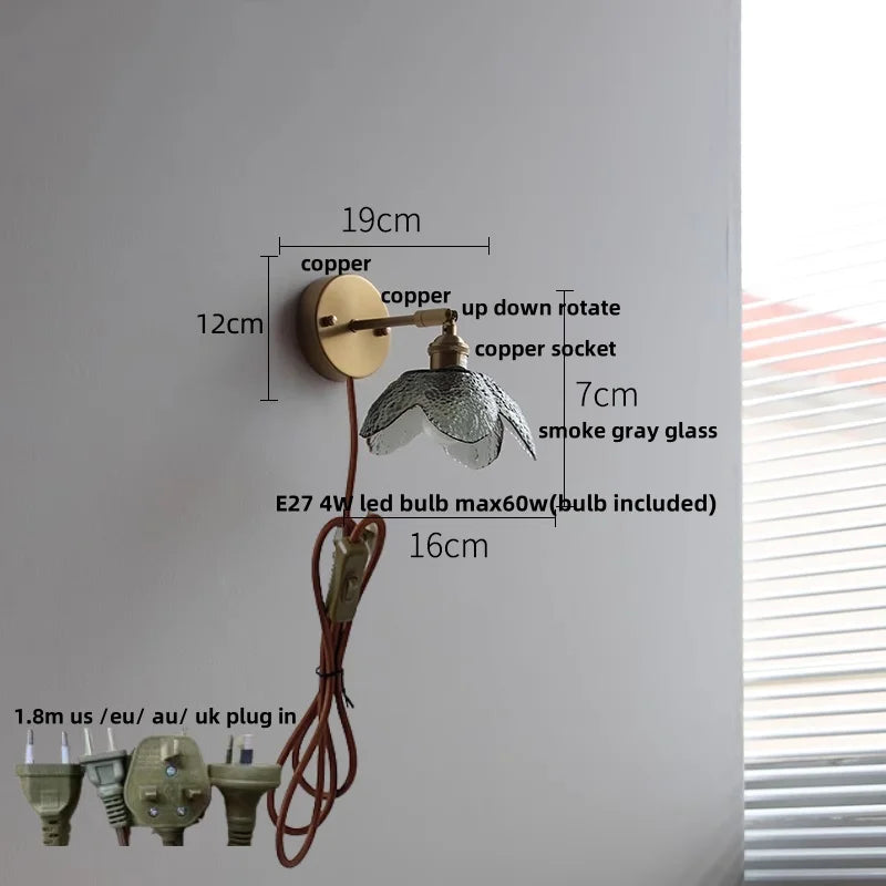 Afralia™ Tiffany Blue Glass LED Wall Sconce Rotate Copper Pull Chain Switch Light