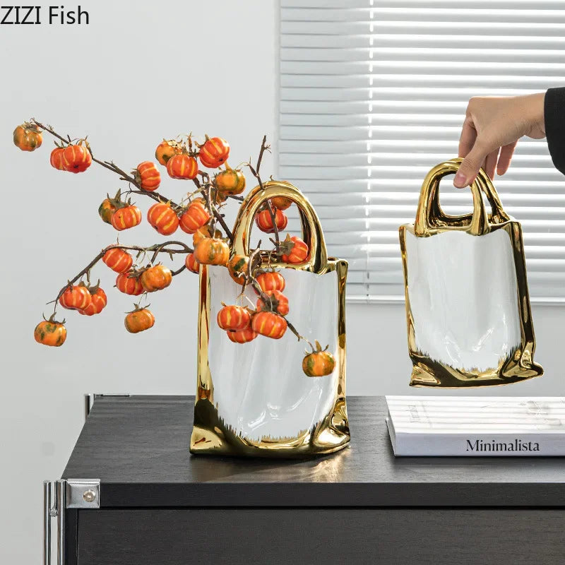 Afralia™ Handbag Ceramic Vase Gold-plated Table Decoration Flowers Room Decor