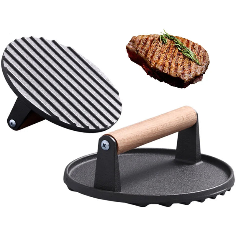 Afralia™ Cast Iron Steak Press Plate with Wooden Handle - Kitchen Barbecue Tool
