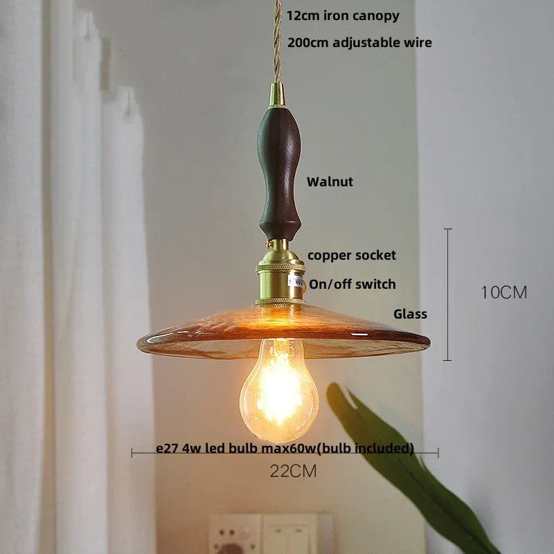 Afralia™ Amber Glass LED Pendant Light Fixture, Vintage E27 Copper Hanging Lamp