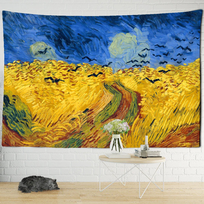 Afralia™ Golden Field Oil Painting Tapestry Wall Hanging - Retro Hippie Art Decor