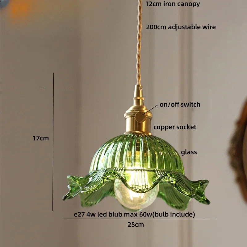 Afralia™ Vintage Green Glass Flower Knob Switch LED Pendant Lights, Copper Hanging Lamp