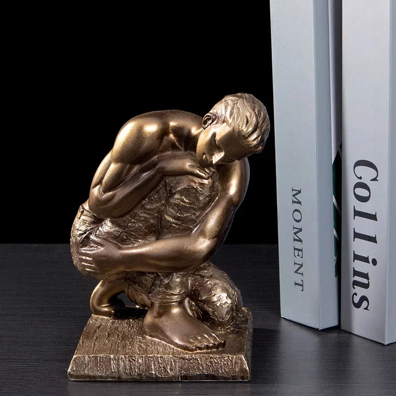 Afralia™ Golden Thinker Bodybuilder Resin Sculpture for Desk Decor and Room Aesthetics