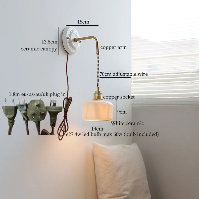 Afralia™ Ceramic Wall Sconce with Copper Arm | Pull Chain Switch LED Bedroom Lamp