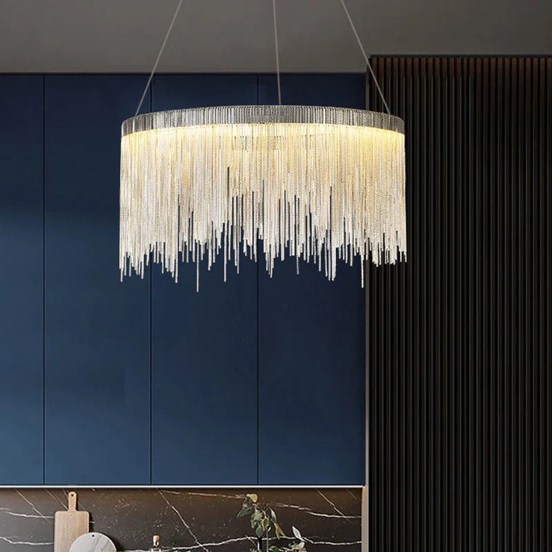 Afralia™ LED Tassel Chandelier Pendant Light for Living Room Villa Hall Silver Lustre