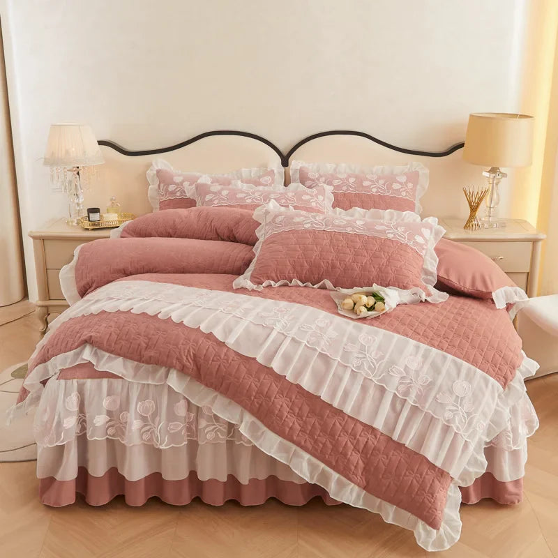 Afralia™ Quilted Embroidery Bedding Set with Lace Ruffles, Duvet Cover, Bed Skirt - Various Colors