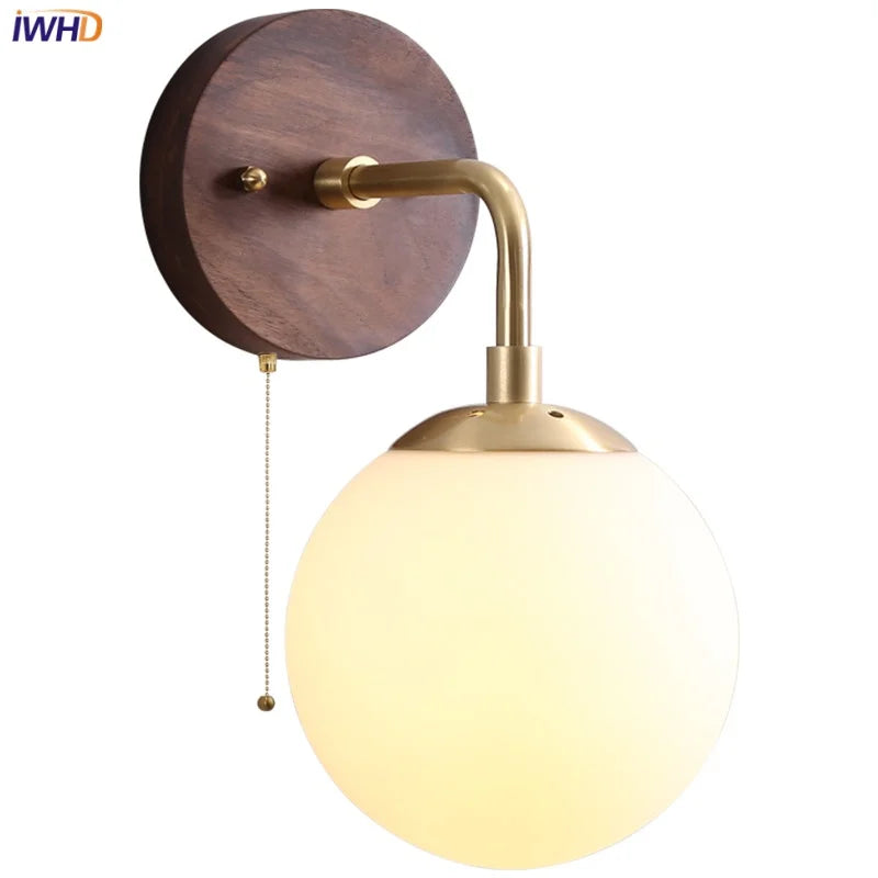 Afralia™ Glass Wall Light Fixture Walnut Wood Modern Nordic Pull Chain Switch Lamparas