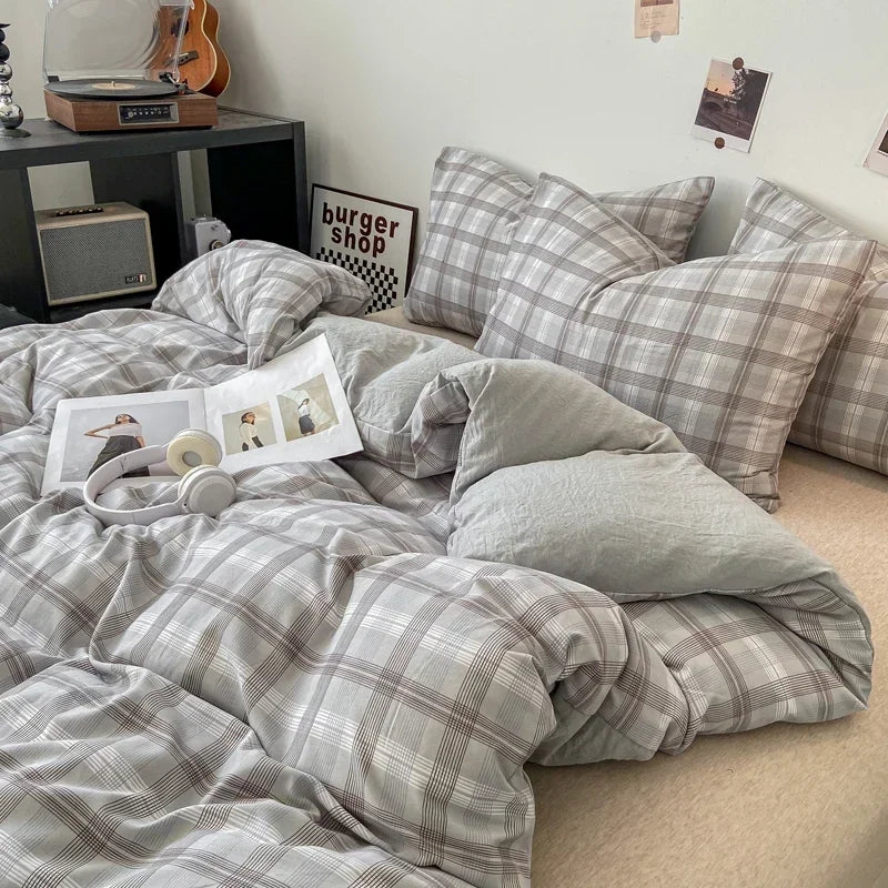 Afralia™ Japanese Style Check Duvet Cover Set - Soft Washed Quilt Cover & Pillowcase