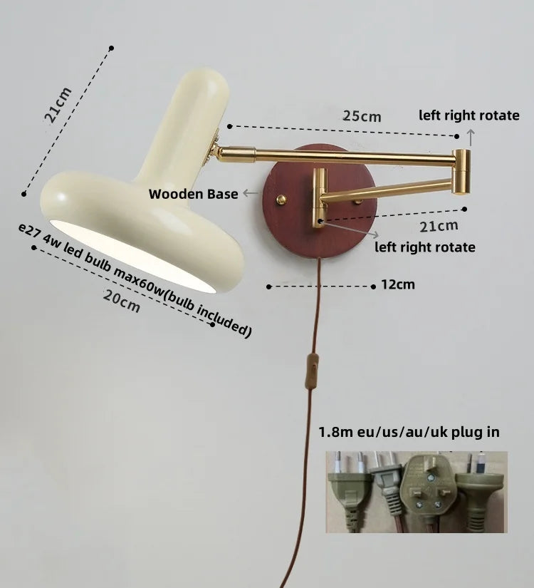 Afralia™ Rotating LED Wall Sconce with Pull Chain Switch, Wood Base Bedside Lamp