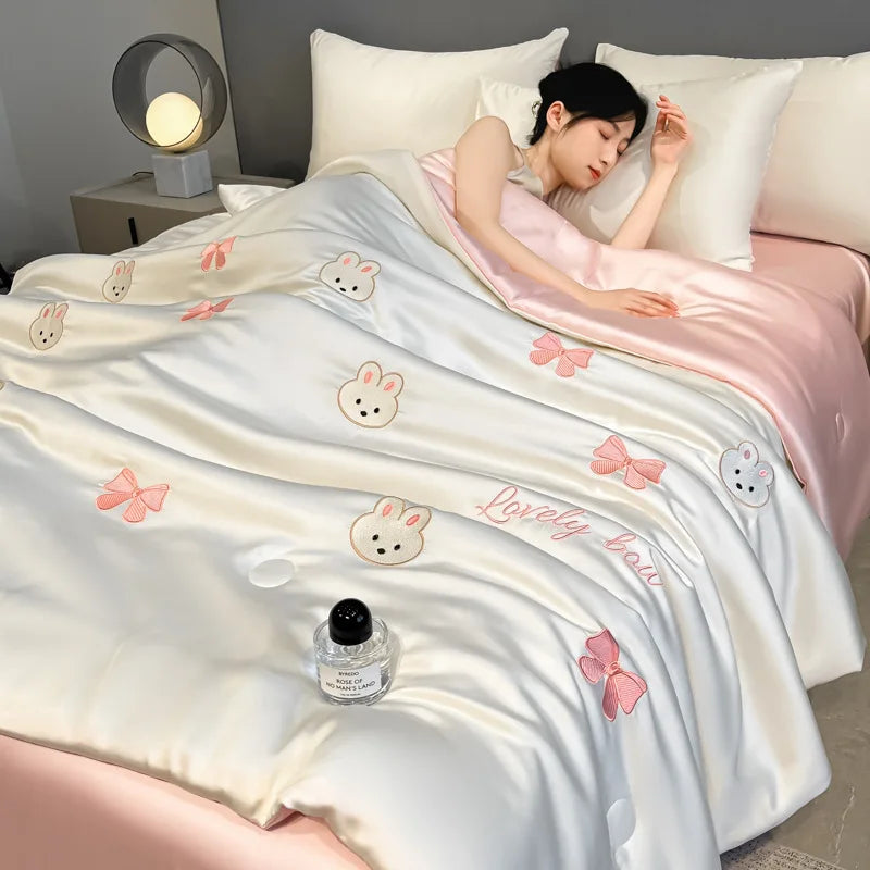 Afralia™ Washed Silk Embroidered Quilt Set Queen, Cooling Summer Blanket