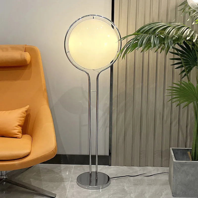 Afralia™ Garrault LED Chrome Metal Ball Floor Lamp with White Acrylic Shade