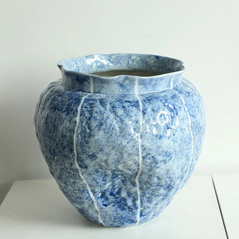 Afralia™ Blue Ceramic Vase Hydroponic Terrarium Flowerpot Decoration Home Flower Vase