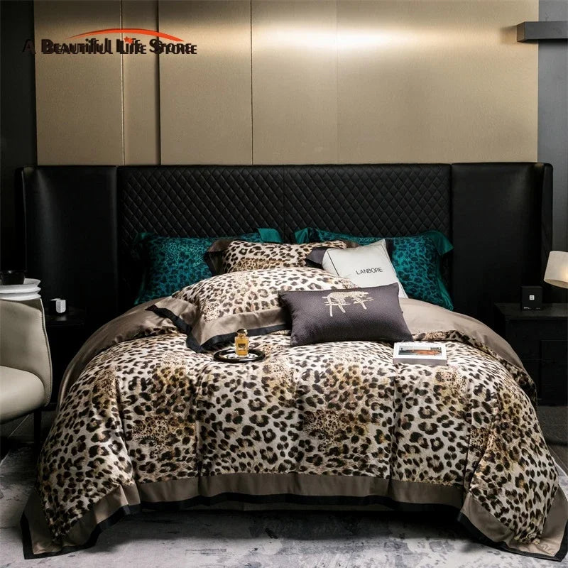 Afralia™ Egyptian Cotton Leopard Print Luxury Bedding Set, Silky Soft Bed Sets