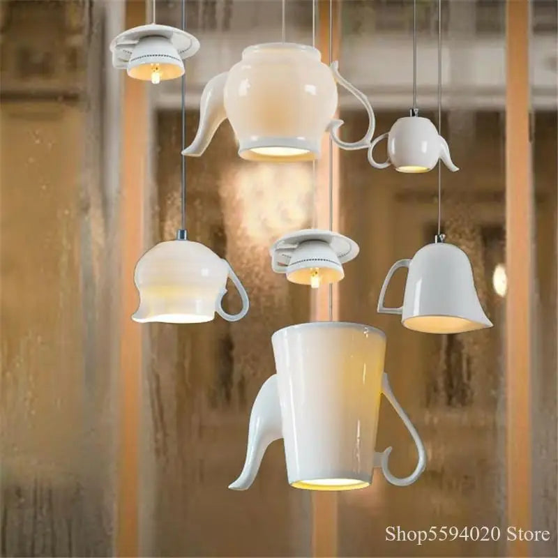 Afralia™ Ceramic LED Pendant Lights Tea Cup Teapot Hanging Lamp for Kitchen Dining Room