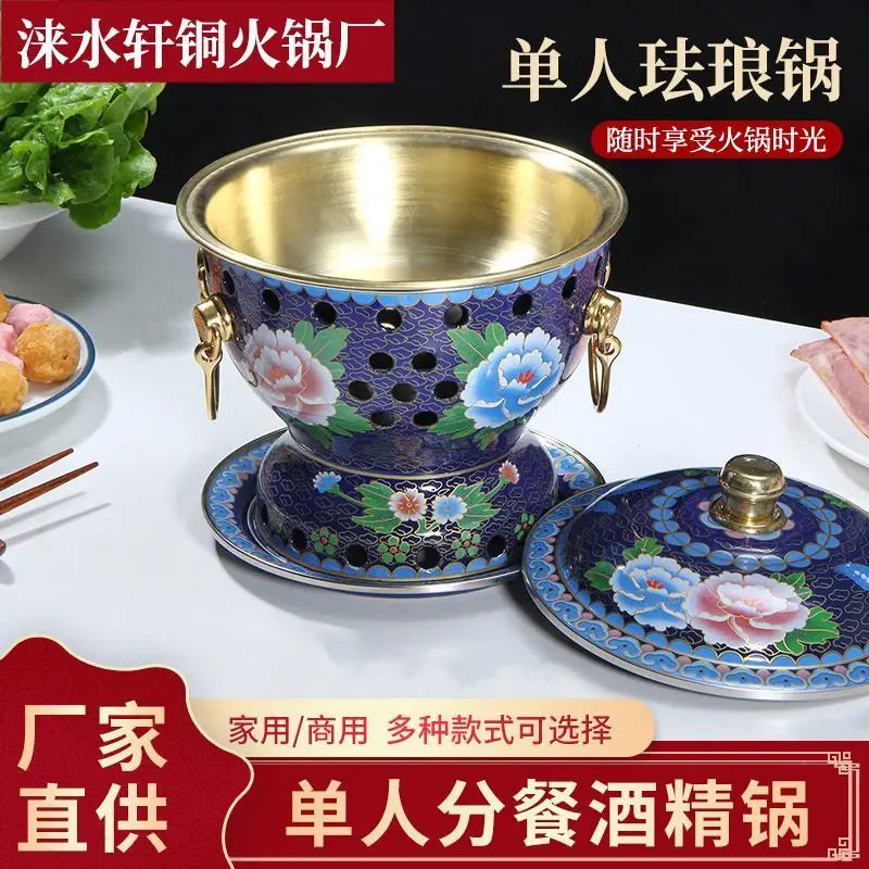 Afralia™ Single Person Enamel Hotpot & Alcohol Pot Set in Pure Copper
