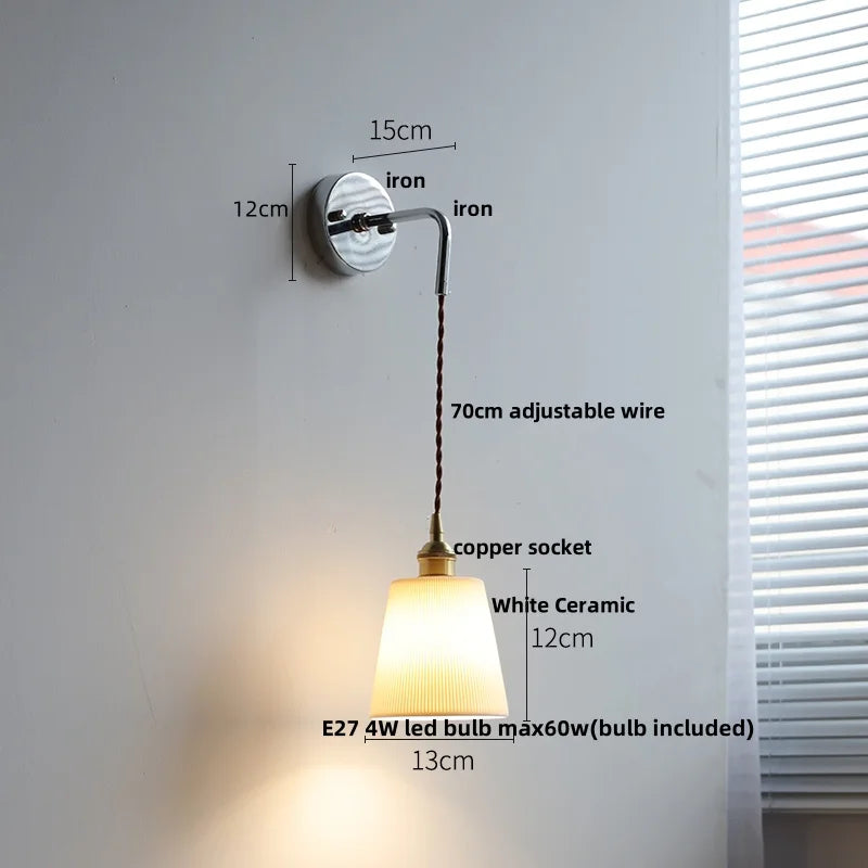 Afralia™ White Glass LED Wall Lights with Pull Chain Switch - Nordic Modern Bedside Lamp