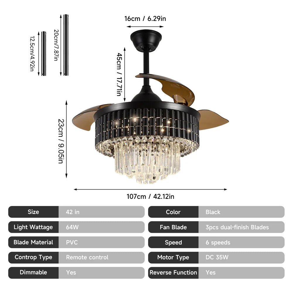 Afralia™ Crystal Fandelier Ceiling Fan with Retractable Chandelier & Invisible Blades