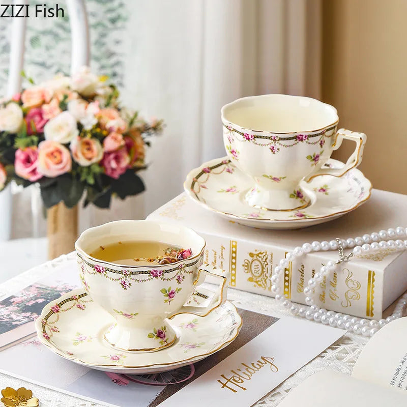 Afralia™ Floral Ceramic Cup & Saucer Set, Elegant Tea & Coffee Mug for Dining Table