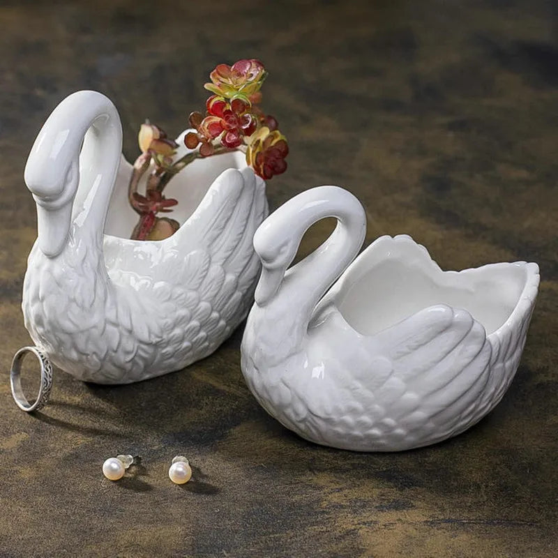 Afralia™ Swan Succulent Plant Pot Candlestick Jewelry Tray White Vase Decoration