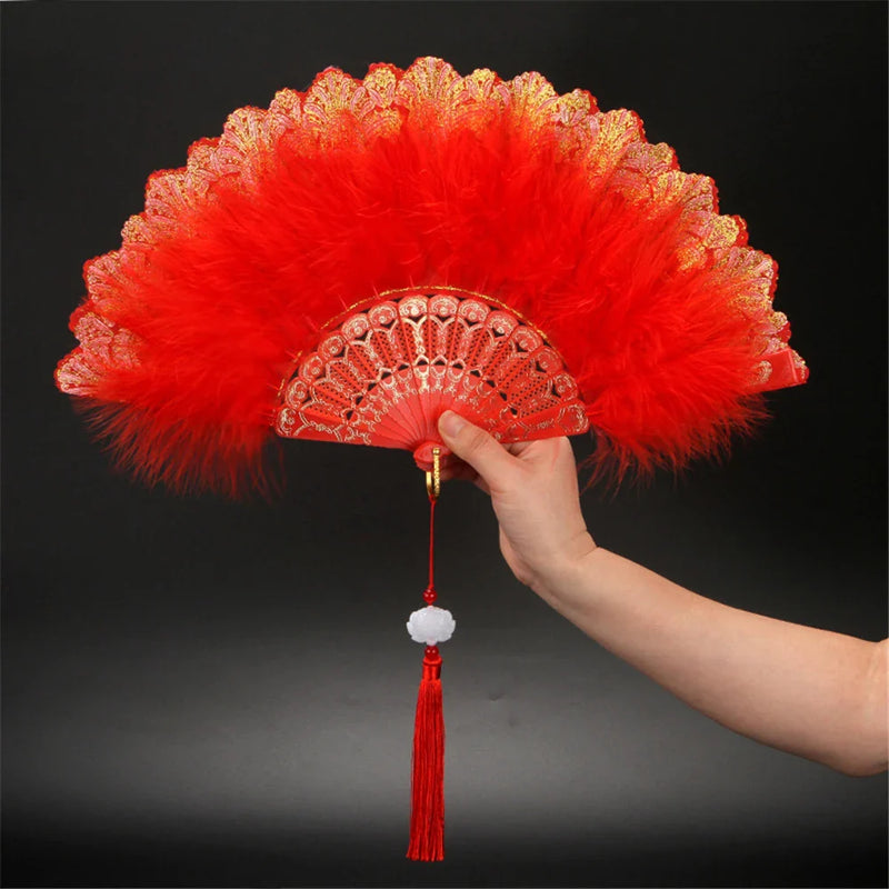 Afralia™ Velvet Feather Fan: Chinese Folding Performance Prop for Cheongsam Ornaments