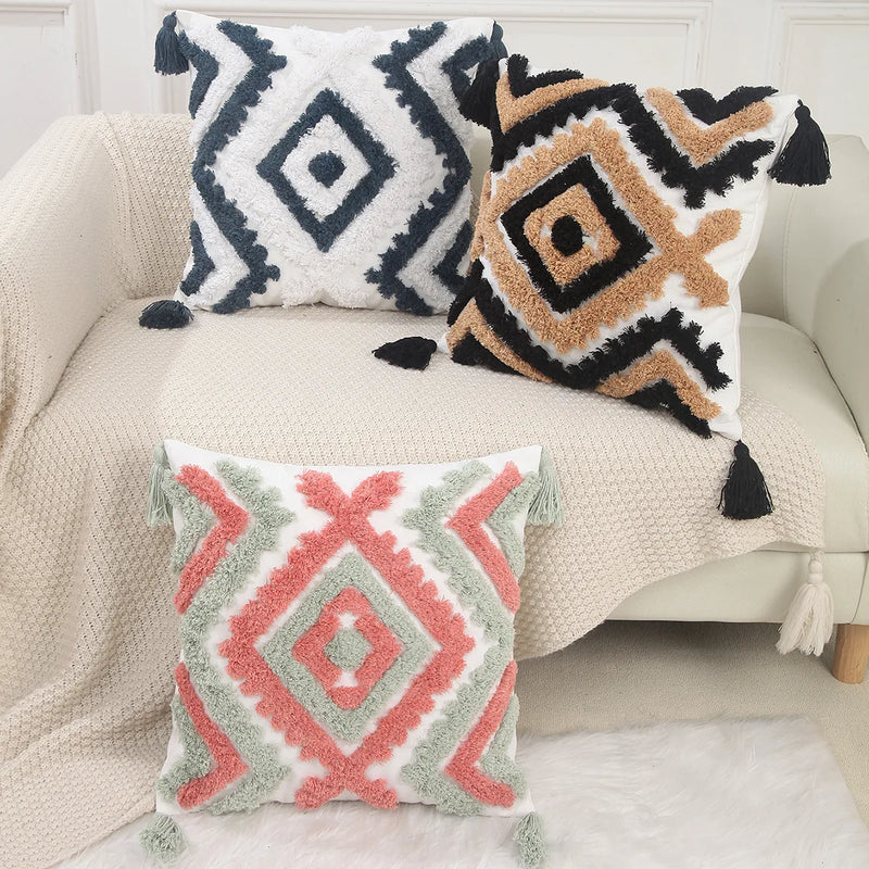 Afralia™ Geometric Chenille Embroidered Pillow Covers Boho Moroccan Style Decor