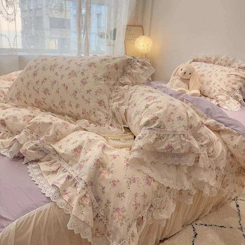 Afralia™ Korean Princess Style Floral Lace Ruffles Bedding Set with Pillowcase