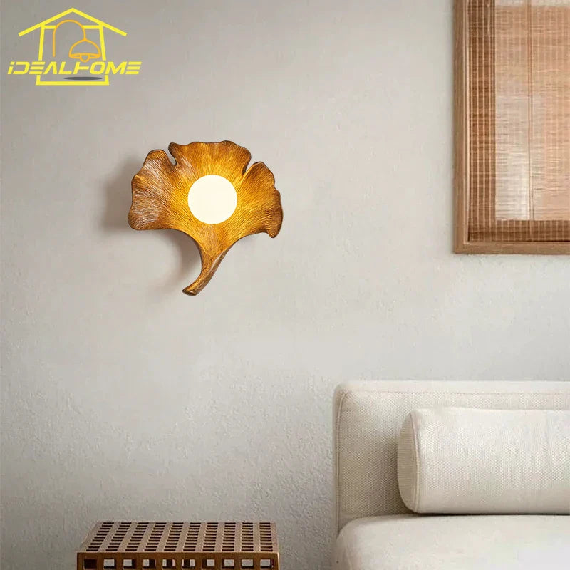 Afralia™ Ginkgo Biloba Resin Wall Lamp LED Art Decor for Bedroom & Living Room