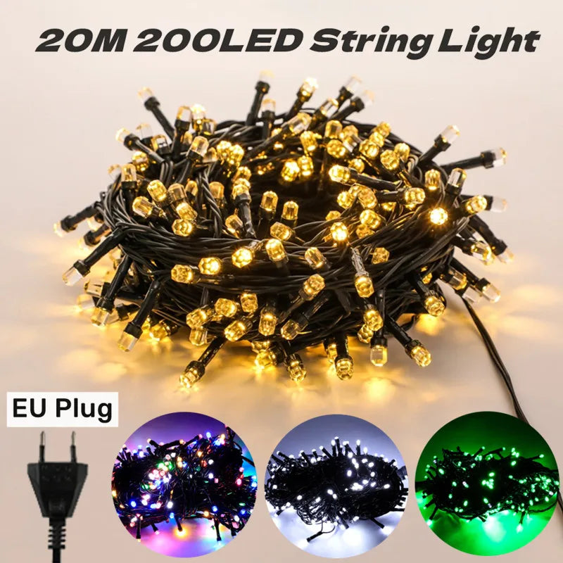 Afralia™ Outdoor LED String Fairy Lights 200LED Waterproof Black Cable EU Plug