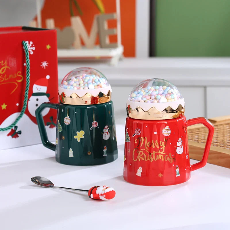 Afralia™ Christmas Planet Ceramic Mug with Lid, Spoon - Xmas Gift Cofee Cup