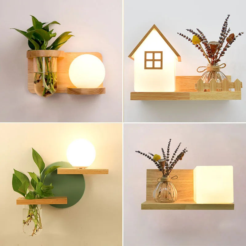 Afralia™ Wooden Plant Pot Wall Lamp with LED Light for Home Decor