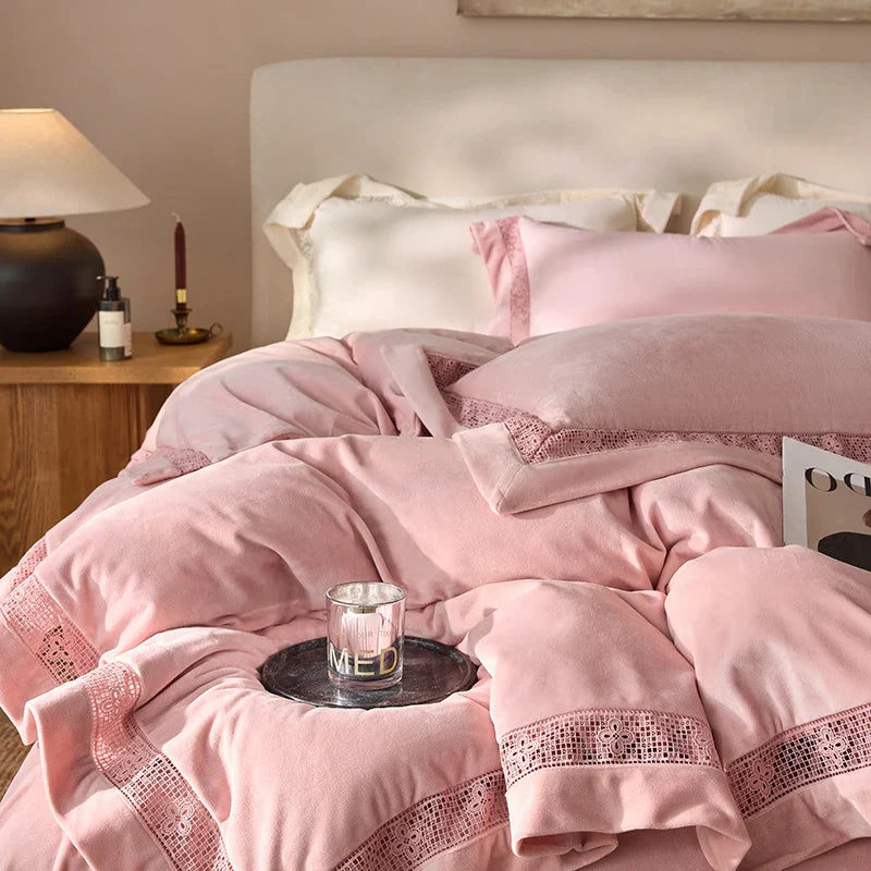Luxury Gold Velvet Lace Duvet Bedding Set by Afralia™, Cozy Furry Winter Collection