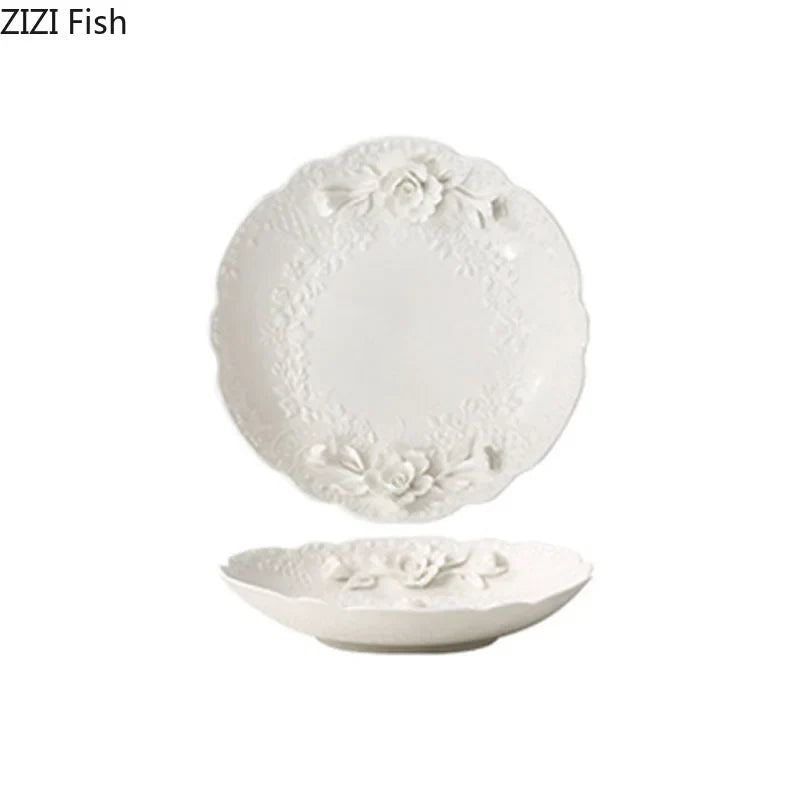 Afralia™ Flower Relief Ceramic Plate Western Dinner Plates Kitchen Cutlery
