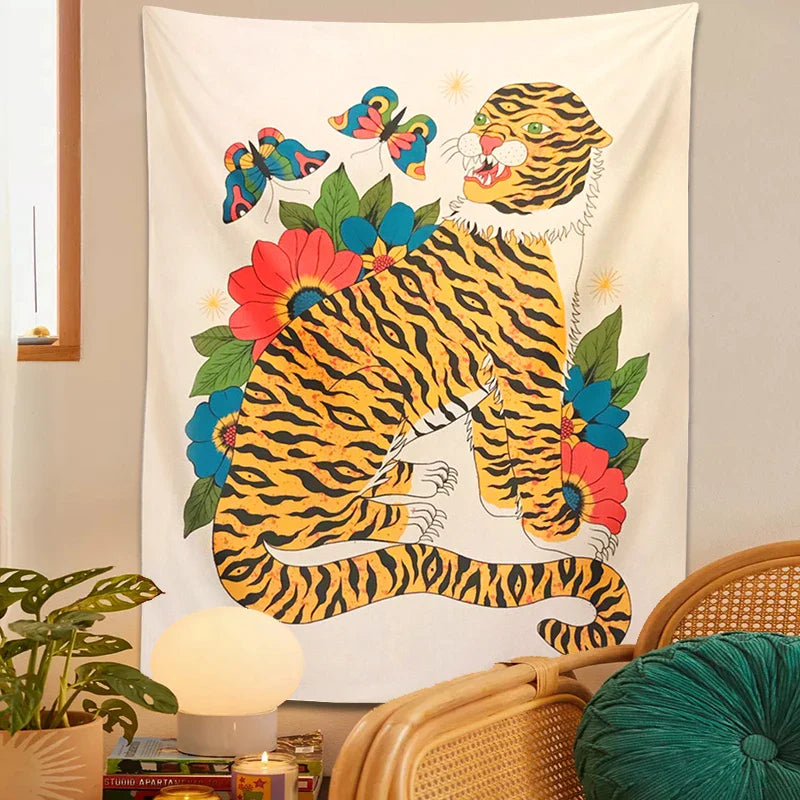 Afralia™ Tiger Tapestry: Hippie Boho Wall Hanging with Floral Butterfly, Psychedelic Animal Art