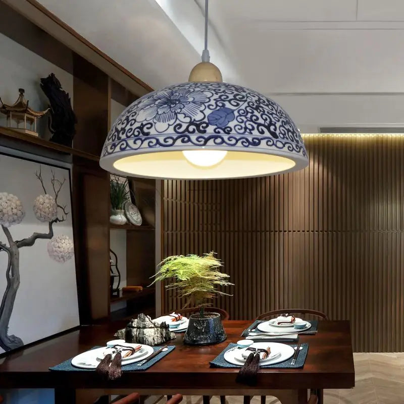 Afralia™ Blue White Porcelain Pendant Chandelier for Hotel Store Dining Room