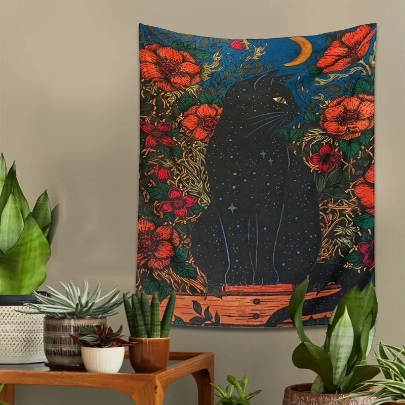 Black Cat Moon Tapestry Wall Hanging for Cute Aesthetics Home Decor by Afralia™