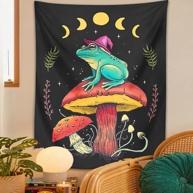 Afralia™ Frog on Mushroom Tapestry Wall Hanging: Aesthetic, Magic, Wizard, Cottagecore, Boho, Hippie, Moon Phase