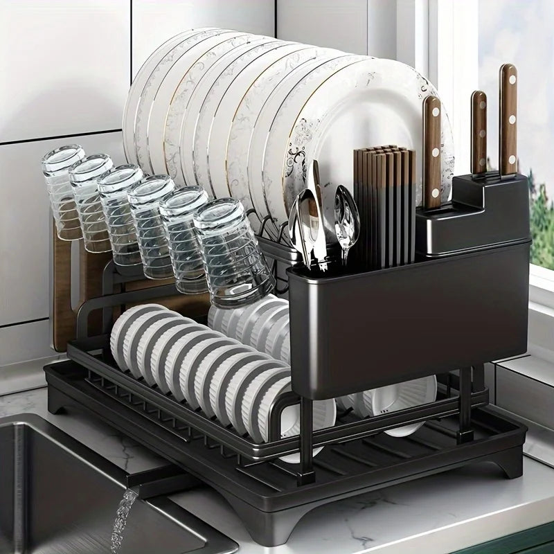 Afralia™ 2 Tier Dish Drying Rack with Storage Holder & Drainer for Kitchen Organizing