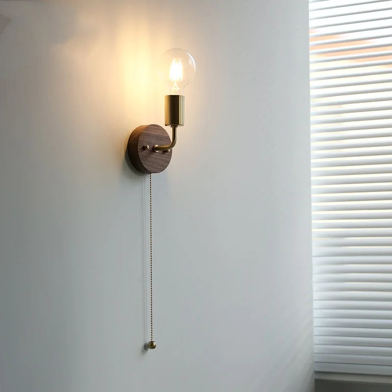 Afralia™ Walnut Wood LED Wall Light with Pull Chain Switch & Clear Glass Sconce