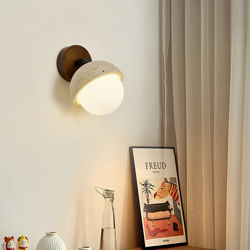 Afralia™ White Glass LED Wall Lamps Pull Chain Yellow Travertine Modern Bathroom Light