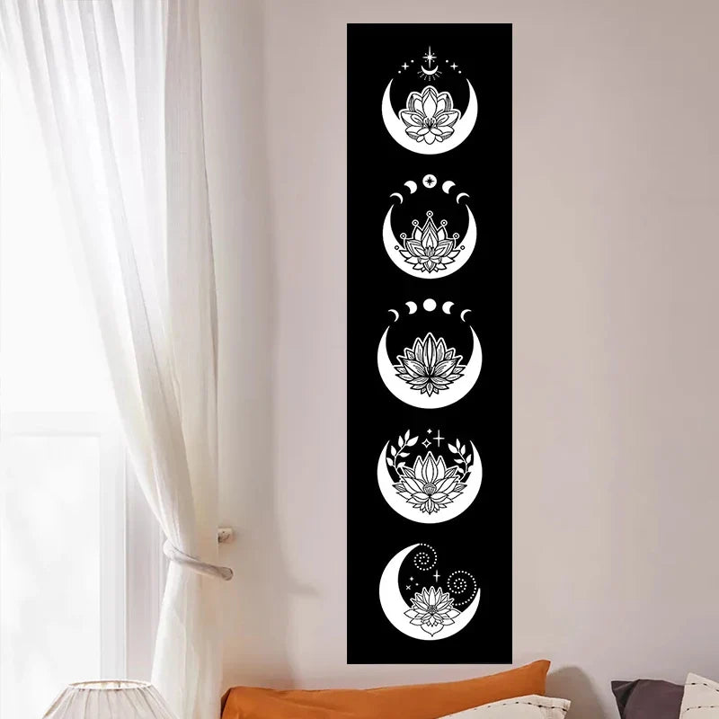 Flowers Moon Phase Tapestry Wall Art by Afralia™ - Black and White Home Decor