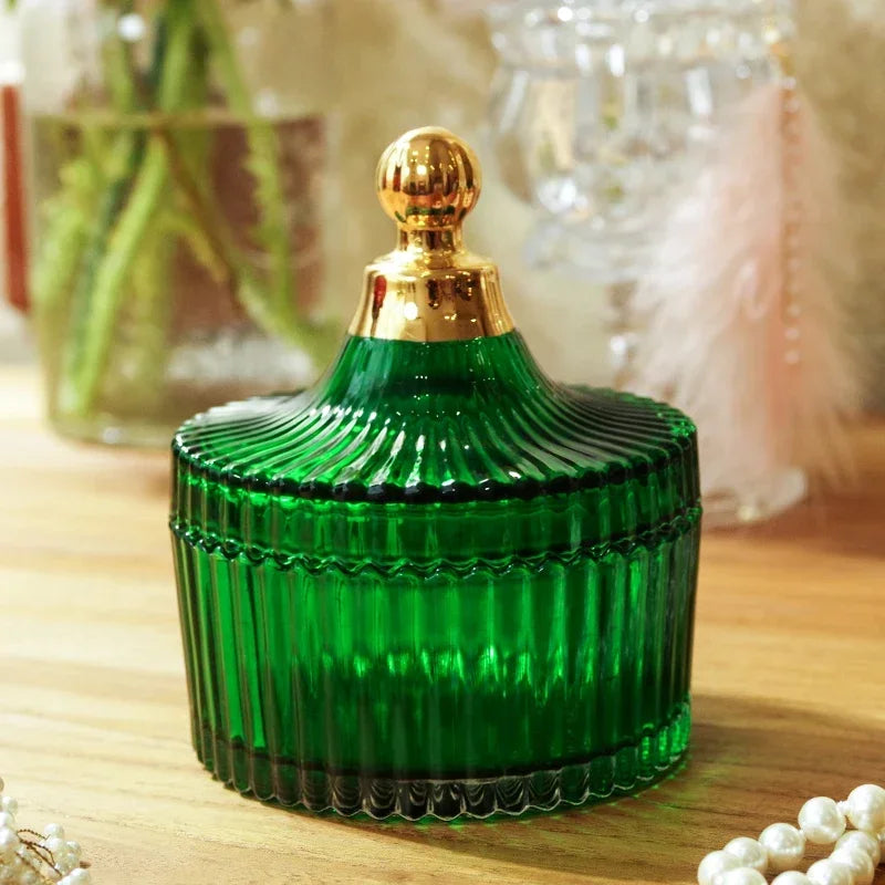 Afralia™ Green Striped Glass Jar with Lid, Small Objects Jewelry Storage Jar