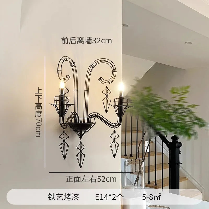 Afralia™ Iron Art Candle Wall Lamp LED E14 Black Retro Industrial Baroque.
