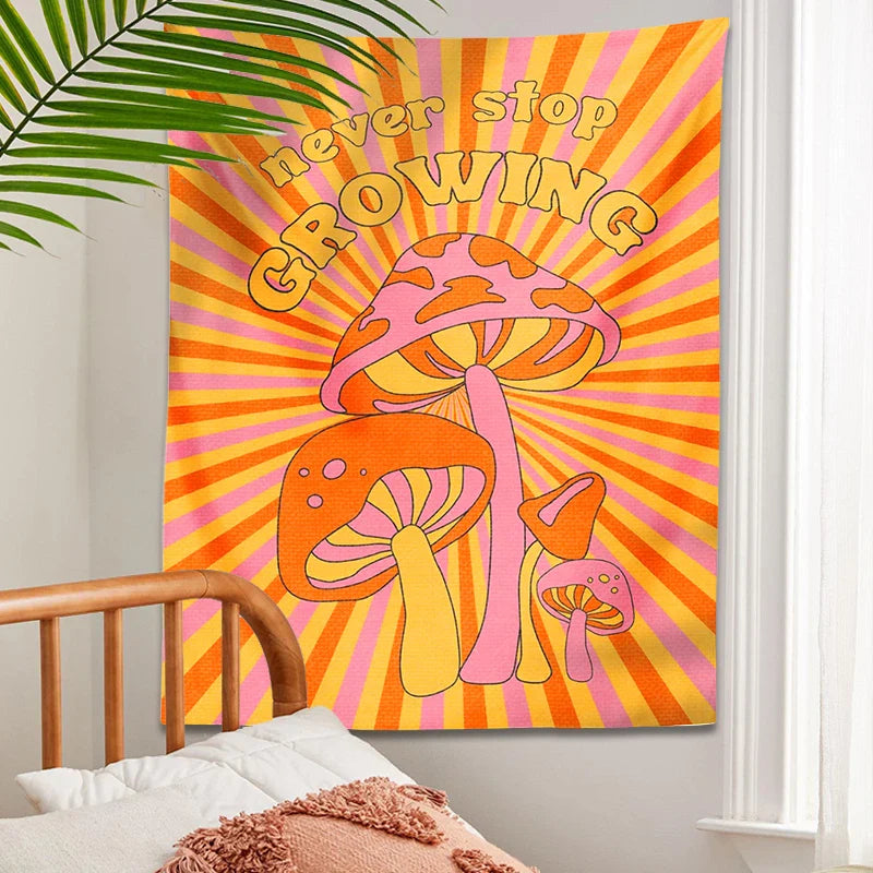 Afralia™ Mushroom Tapestry Retro Groovy Wall Decor Rainbow Sun Vintage Print