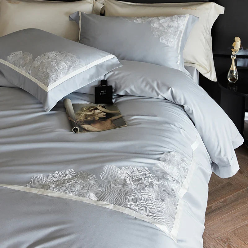 Afralia™ Luxury Flowers Embroidery 1000TC Egyptian Cotton Bedding Set Queen King Size