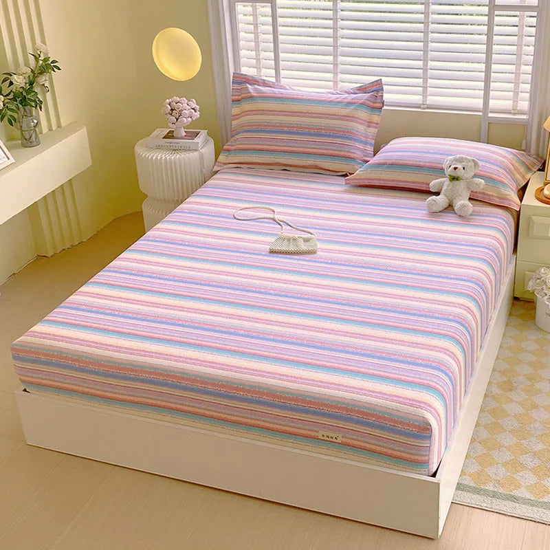 Afralia™ Cotton Striped Fitted Bed Sheet for Queen Double Mattress Cover