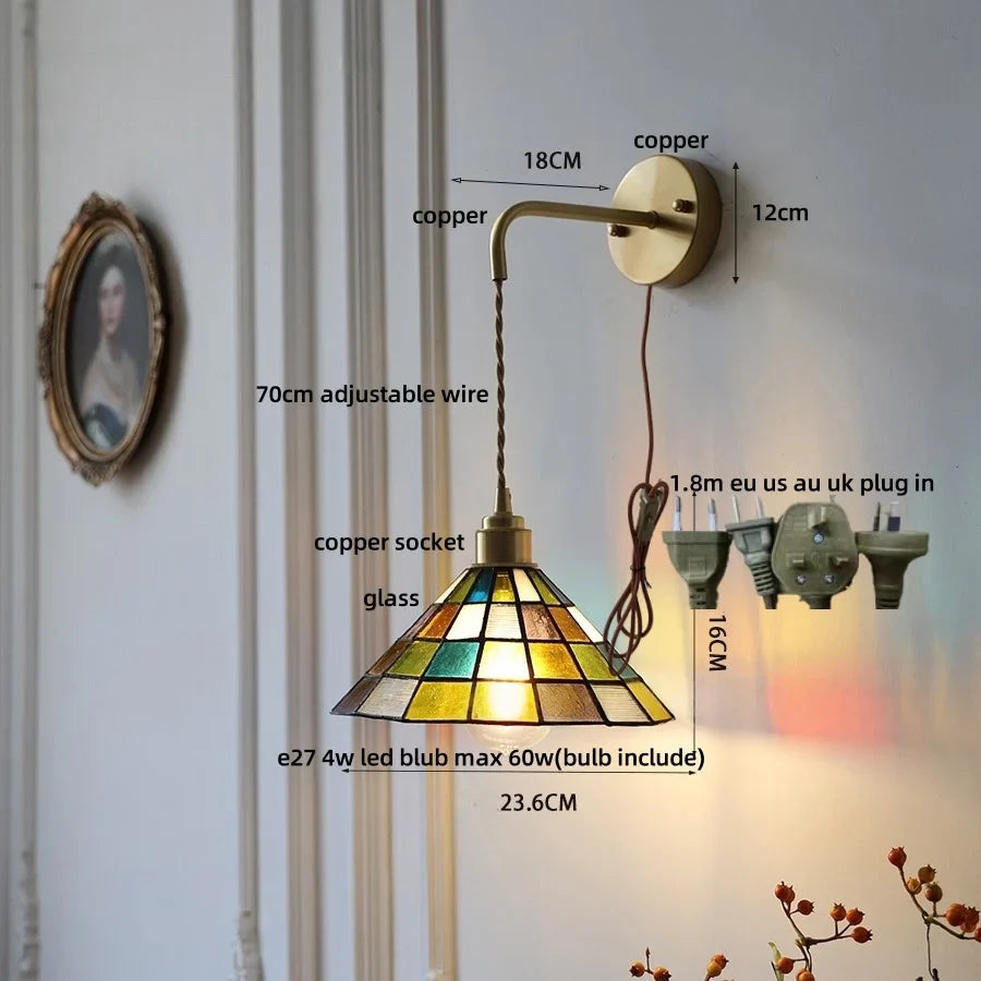 Afralia™ Tiffany Glass LED Wall Lights Modern Pull Chain Bedside Lamp
