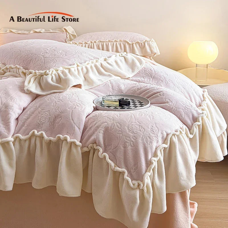 Afralia™ Princess Velvet Fleece Ruffles Winter Bedding Set - Plush Coral Velvet Duvet Cover & Sheet
