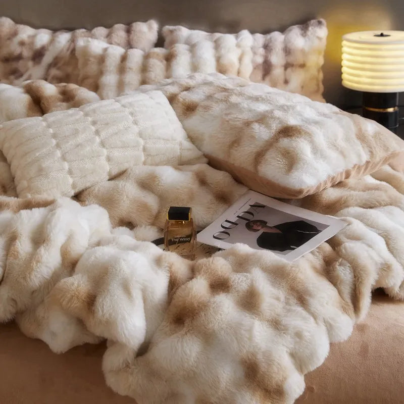 Afralia™ Gradient Blue & Grey Faux Rabbit Fur Bedding Set: Velvet Fleece Duvet, Sheets, Pillowcases