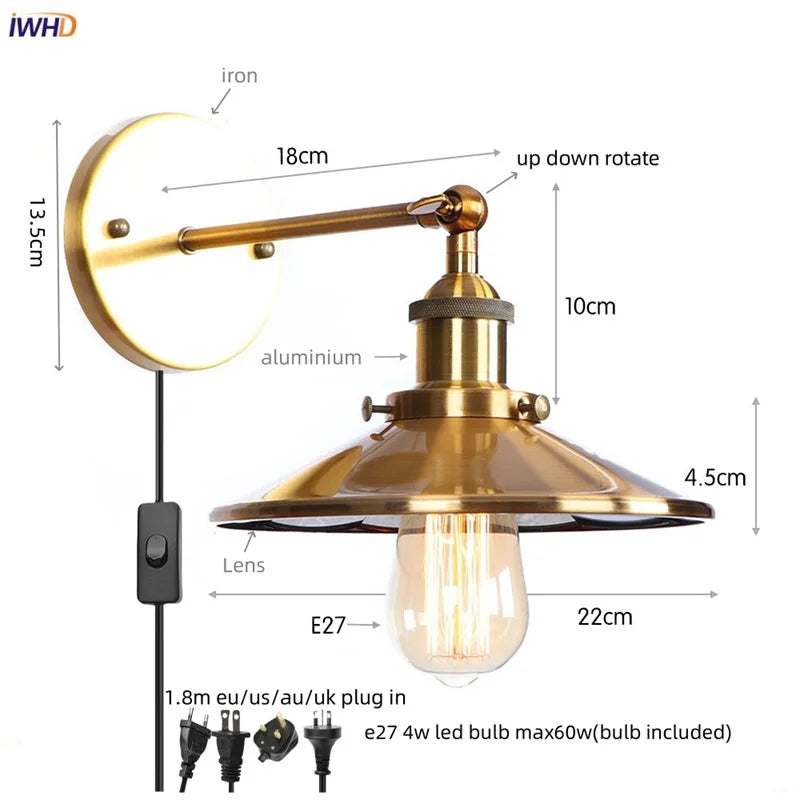 Afralia™ Vintage LED Wall Lights Pull Chain Lens Stair Aisle Bedside Lamp Iron Lightings